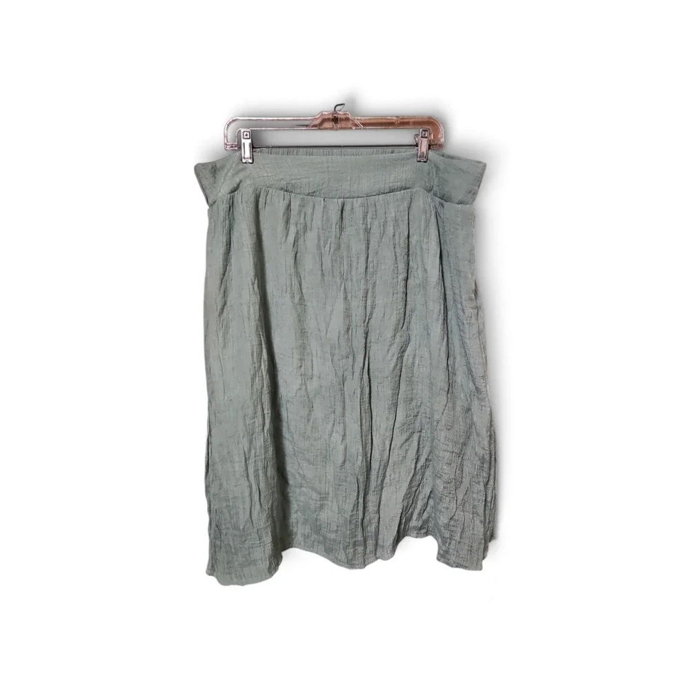Sage Green Crinkle Texture Midi Skirt Elastic Waist A-Line Casual Boho 0574